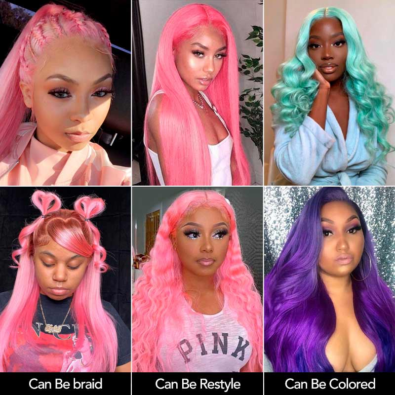 Pink Wig Body Wavy Lace Front Wig Ashimary Human Hair