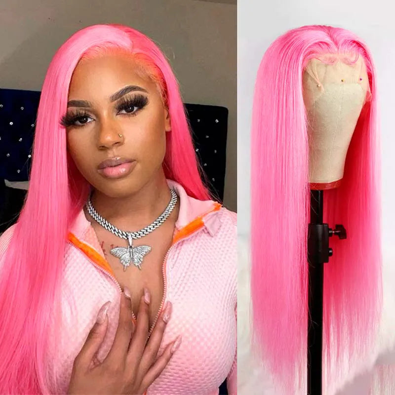 Pink Wig 13*4 Transparent Lace Frontal Wig 5*5 Lace Closure Bone Straight Wig Ashimary Human Hair