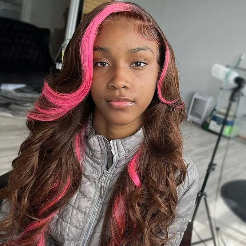 Trending Skunk Stripe on 4# Straight Hair Body Wave Hair 13x4 Lace Frontal Wigs One Donor