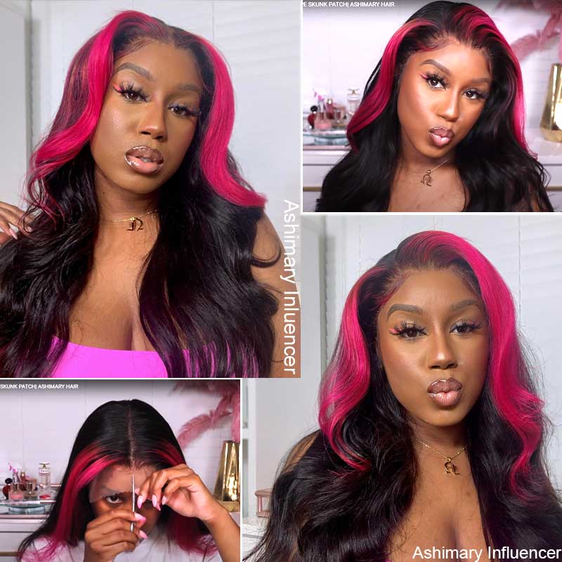 Hot Pink Highlight Straight Lace Wigs Skunk Stripe Hair 4x4 Closure Wig 180% Straight Brazilian Human Hair Wig