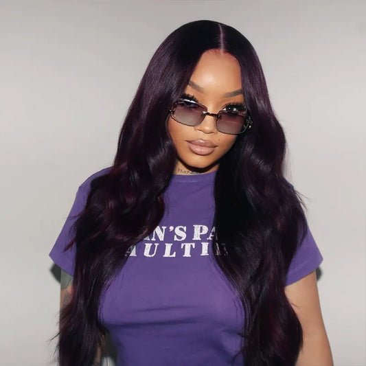 Dark Plum Glueless 360 Lace Frontal Wigs With Invisi Strap Ready & Go Snug Fit Body Wave Human Hair Wigs