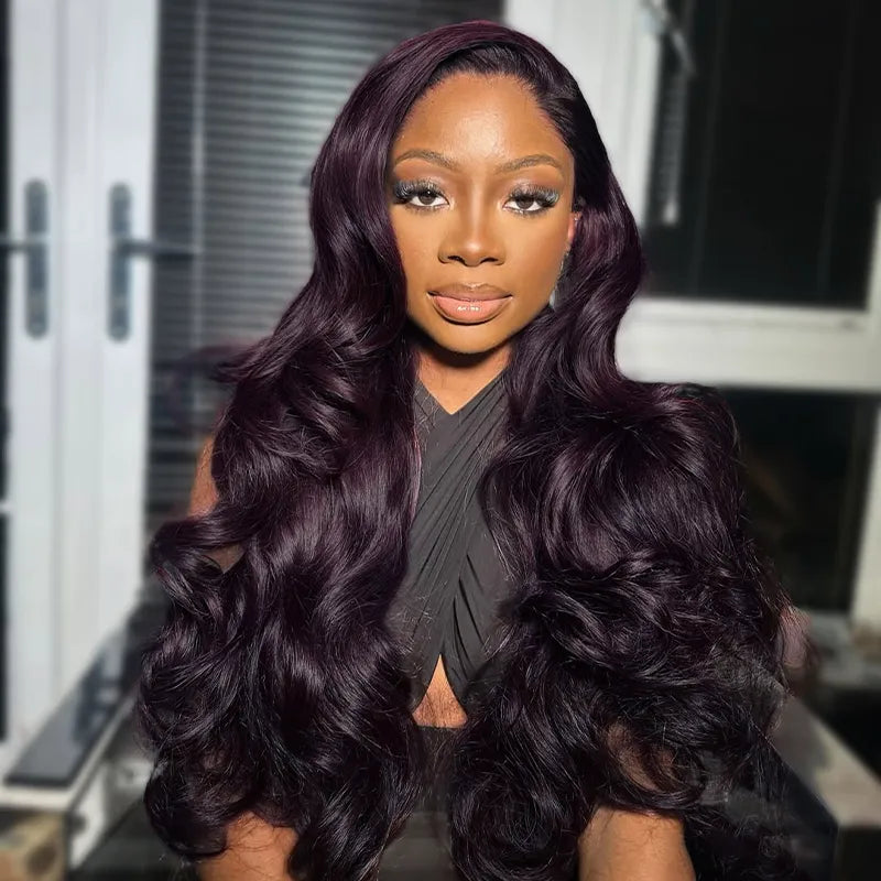 Dark Plum Glueless 360 Lace Frontal Wigs With Invisi Strap Ready & Go Snug Fit Body Wave Human Hair Wigs