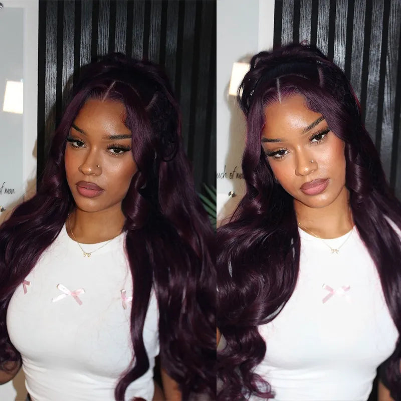 Dark Plum Glueless 360 Lace Frontal Wigs With Invisi Strap Ready & Go Snug Fit Body Wave Human Hair Wigs