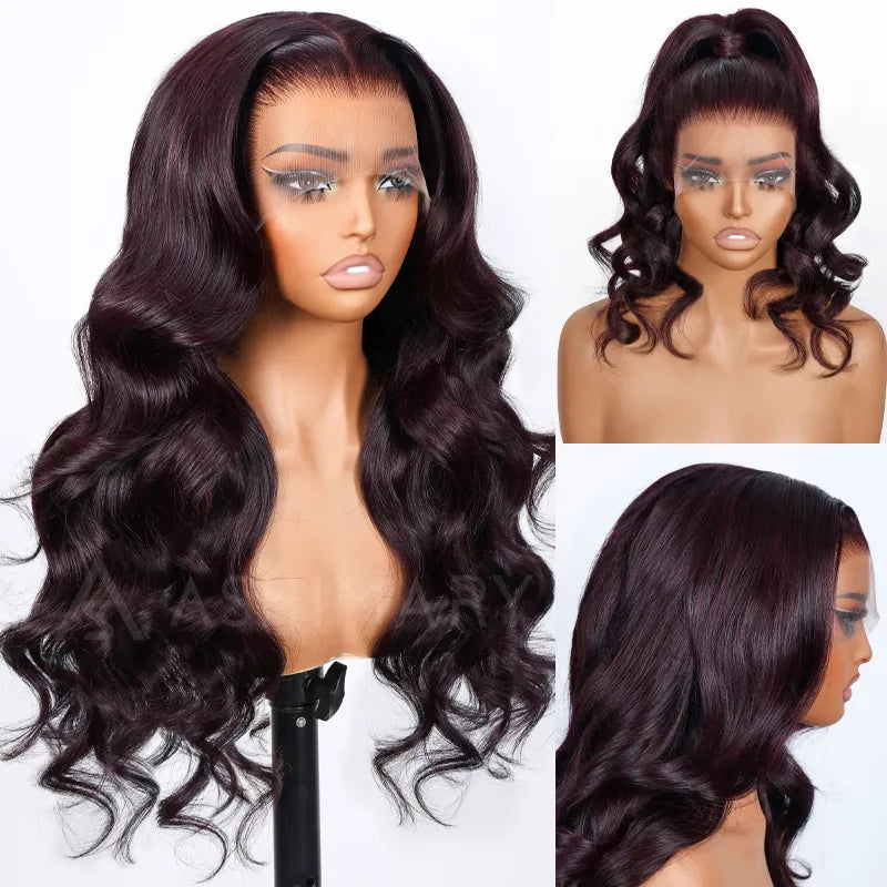Dark Plum Glueless 360 Lace Frontal Wigs With Invisi Strap Ready & Go Snug Fit Body Wave Human Hair Wigs