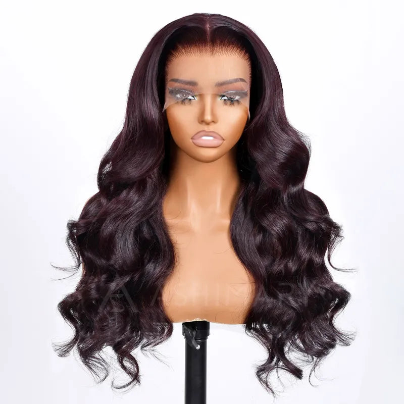 Dark Plum Glueless 360 Lace Frontal Wigs With Invisi Strap Ready & Go Snug Fit Body Wave Human Hair Wigs