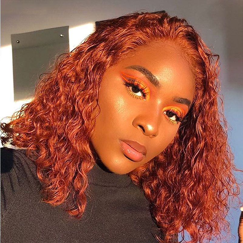 Deep Wave Ginger Bob Closure Wig Brazilian Human Hair Curly Wig Short Length