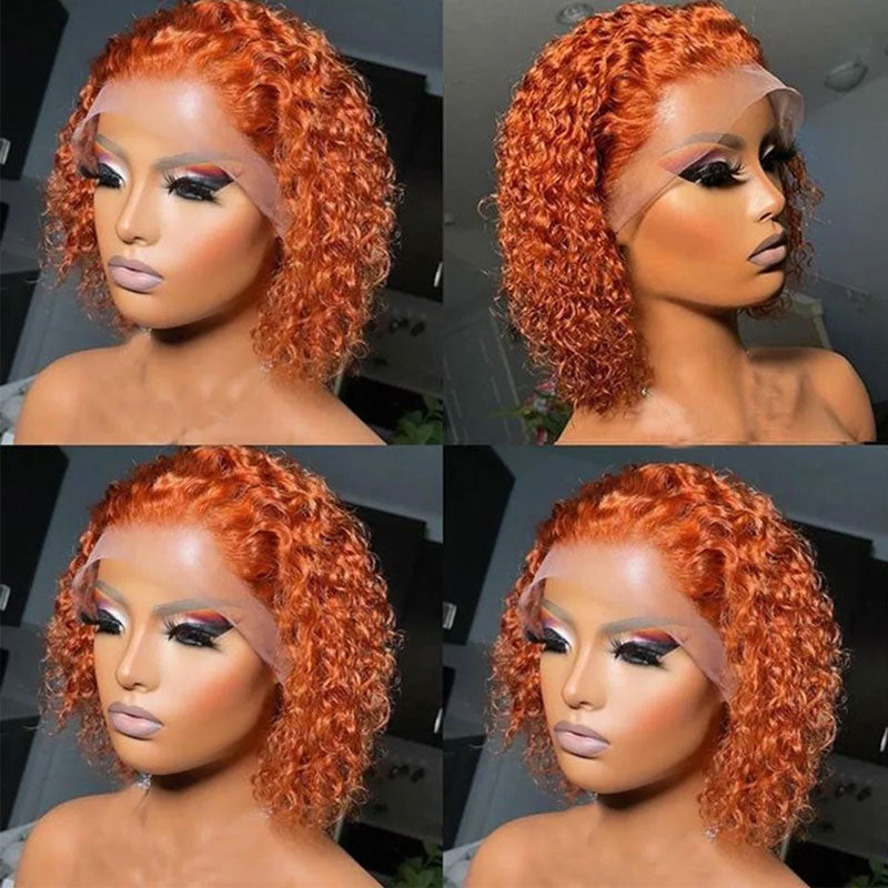 Deep Wave Ginger Bob Closure Wig Brazilian Human Hair Curly Wig Short Length