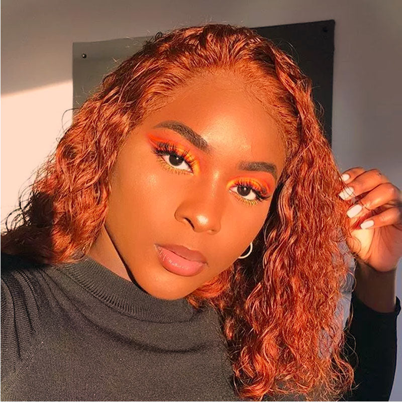 Deep Wave Ginger Bob Closure Wig Brazilian Human Hair Curly Wig Short Length