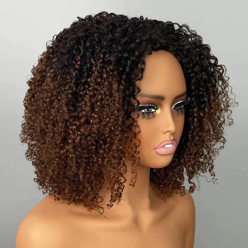 Black Brown Ombre Kinky Curly Half Wig With Drawstring Glueless Wear Go 3 in 1 Wig Beginner Friendly