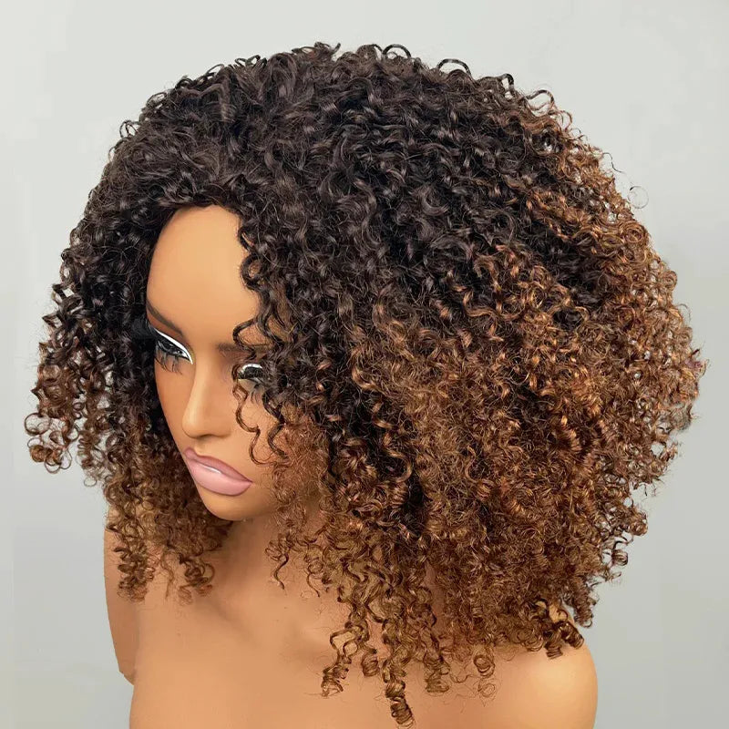 Black Brown Ombre Kinky Curly Half Wig With Drawstring Glueless Wear Go 3 in 1 Wig Beginner Friendly