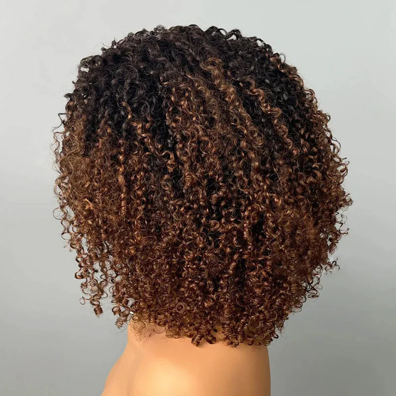 Black Brown Ombre Kinky Curly Half Wig With Drawstring Glueless Wear Go 3 in 1 Wig Beginner Friendly