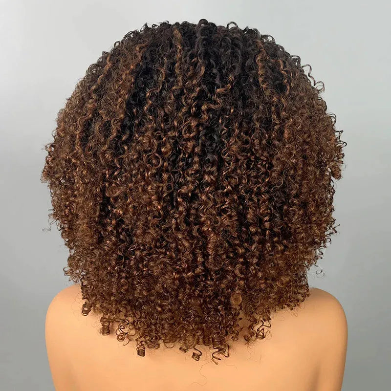 Black Brown Ombre Kinky Curly Half Wig With Drawstring Glueless Wear Go 3 in 1 Wig Beginner Friendly