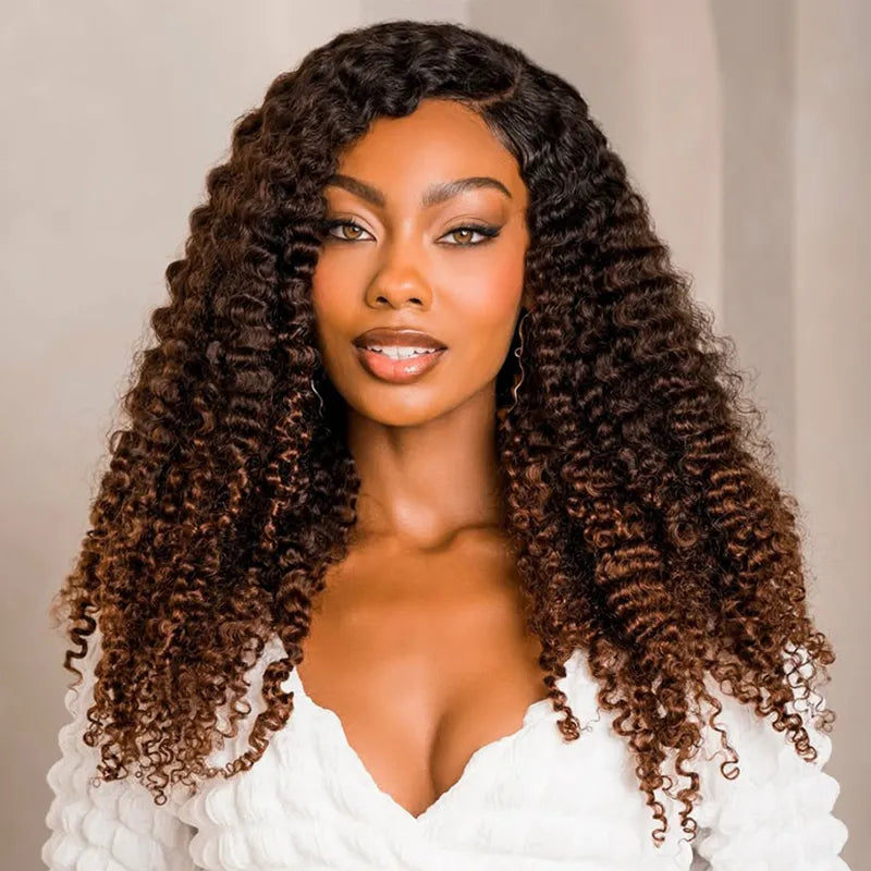 Black Brown Ombre Kinky Curly Half Wig With Drawstring Glueless Wear Go 3 in 1 Wig Beginner Friendly