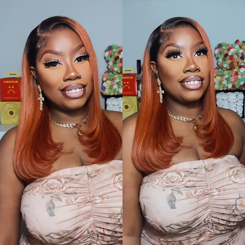 Pull Go 13x4 Lace Wig Ginger Ombre Silky Blunt Cut Glueless Bob Wig
