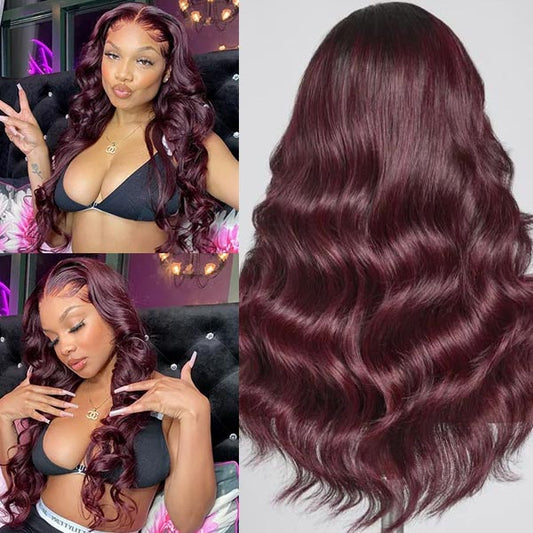 Dark 99J Burgundy Body Wave 13x4 Frontal Lace Glueless Wig 100% human hair