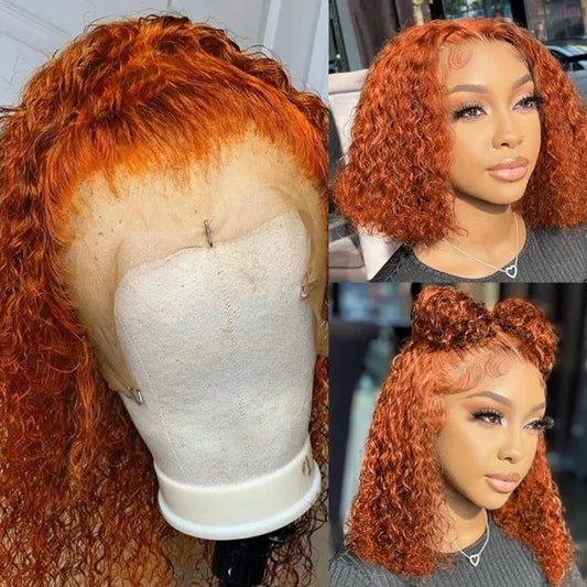 Deep Wave Ginger Bob Closure Wig Brazilian Human Hair Curly Wig Short Length