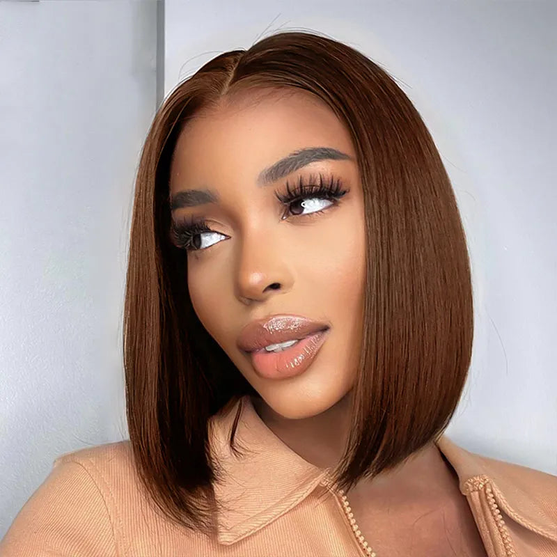 Double Drawn High Density Pull Go 13x4 Lace Bob Wig Rich Brown Bone Straight Lace Frontal Wig