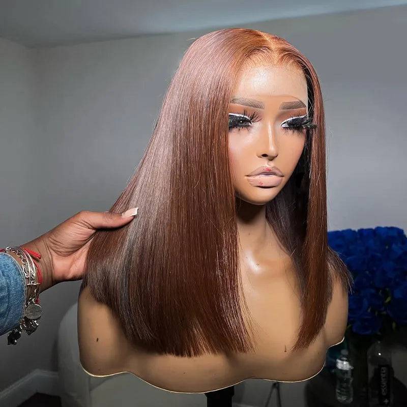 Double Drawn High Density Pull Go 13x4 Lace Bob Wig Rich Brown Bone Straight Lace Frontal Wig