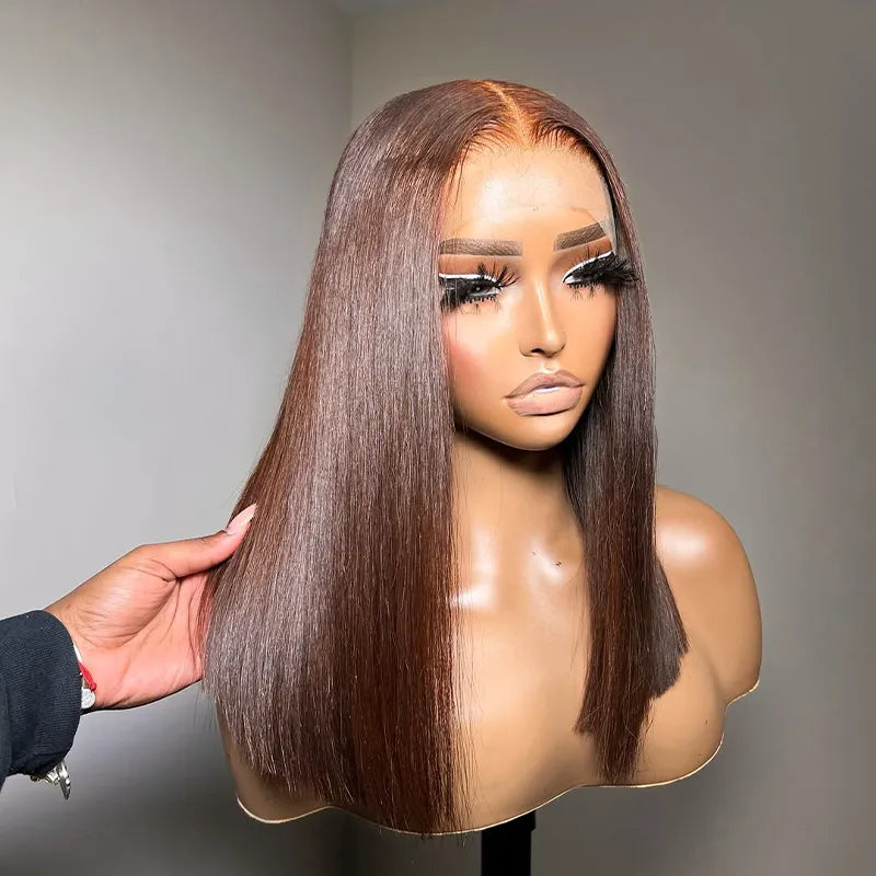 Double Drawn High Density Pull Go 13x4 Lace Bob Wig Rich Brown Bone Straight Lace Frontal Wig