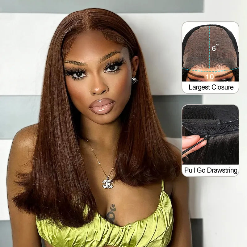 Pull Go 13x4 Lace Bob Wig Rich Brown Yaki Straight Lace Frontal Wig Silk Press Glueless Hair