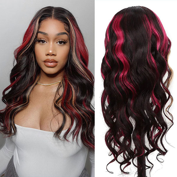 Ashimary burgundy hair with blonde highlights 13x4 HD Transparent lace wigs online for sale