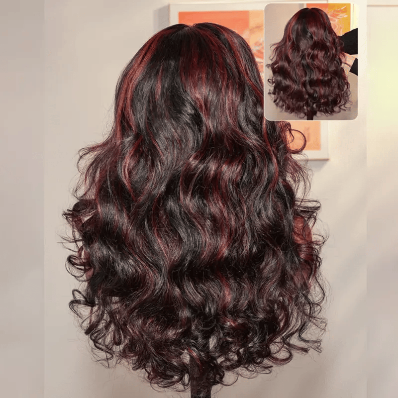 Cherry Red Highlight Layered Cut Body Wave Wig 13x6 Full Pre-Everything Wig Burgundy Highlight