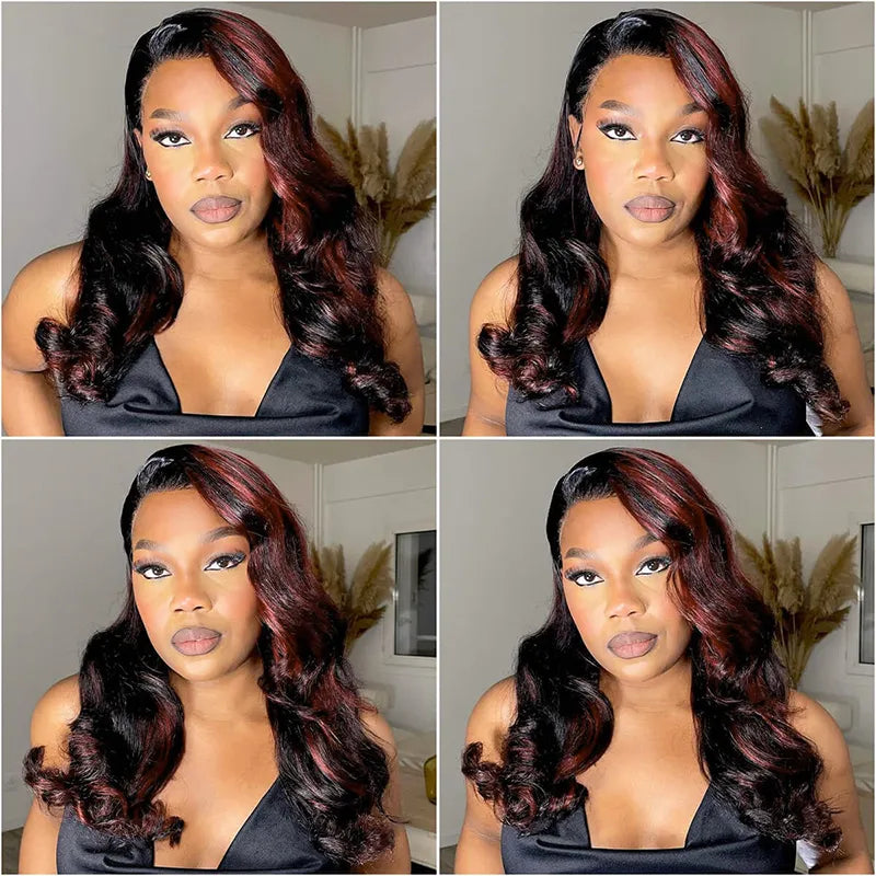 Cherry Red Highlight Layered Cut Body Wave Wig 13x6 Full Pre-Everything Wig Burgundy Highlight