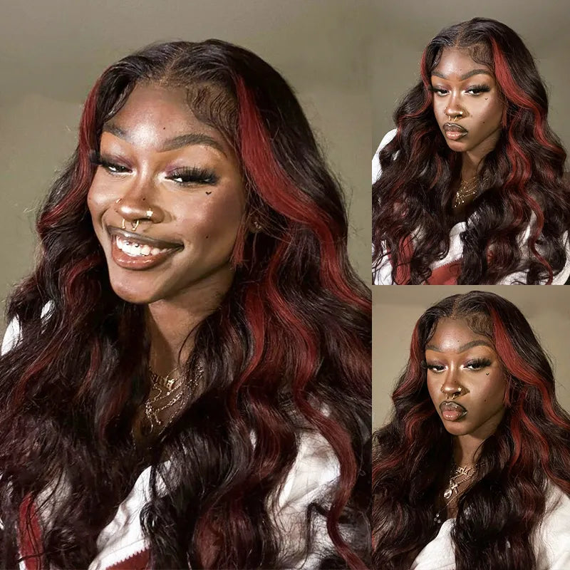 Cherry Red Highlight Layered Cut Body Wave Wig 13x6 Full Pre-Everything Wig Burgundy Highlight