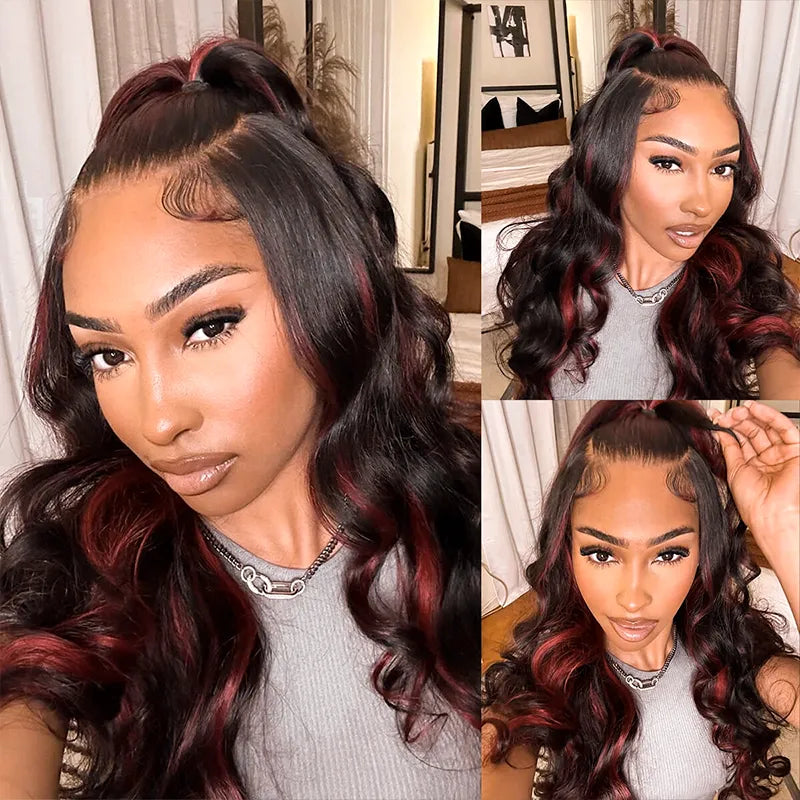 Cherry Red Highlight Layered Cut Body Wave Wig 13x6 Full Pre-Everything Wig Burgundy Highlight