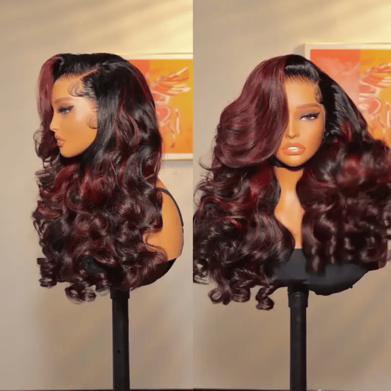 Cherry Red Highlight Layered Cut Body Wave Wig 13x6 Full Pre-Everything Wig Burgundy Highlight