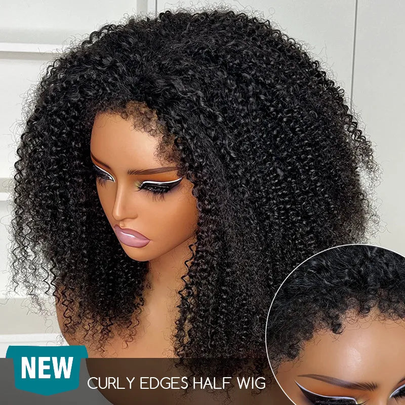 4C Curly Edge Afro Curly Flexible Fit Half Wig With Drawstring Natural Hairline Beginner Friendly