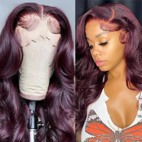 Dark 99J Burgundy Body Wave 13x4 Frontal Lace Glueless Wig 100% human hair