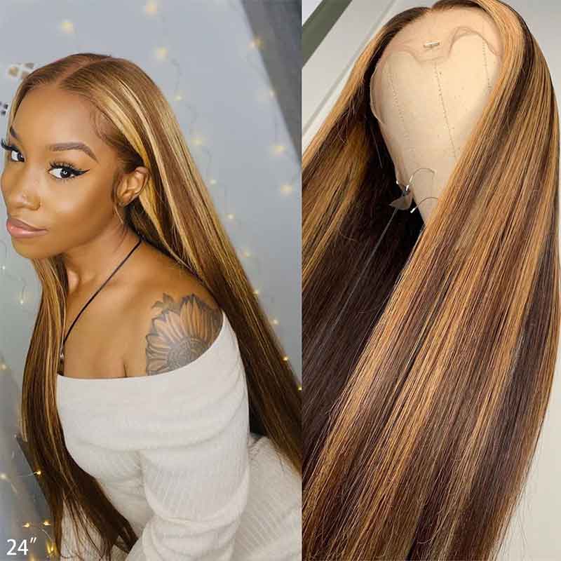 Highlight Piano Color Glueless 4*4 13*4 13*6 Closure Straight Wig 180% Brazilian Human Hair Luxurious Customization