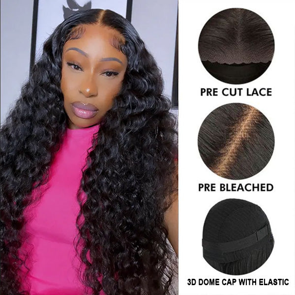 Put On & Go Pre Cut Lace Deep Wave Glueless Ready to Wear Wig with Pre Plucked Hairline & Bleached Knots