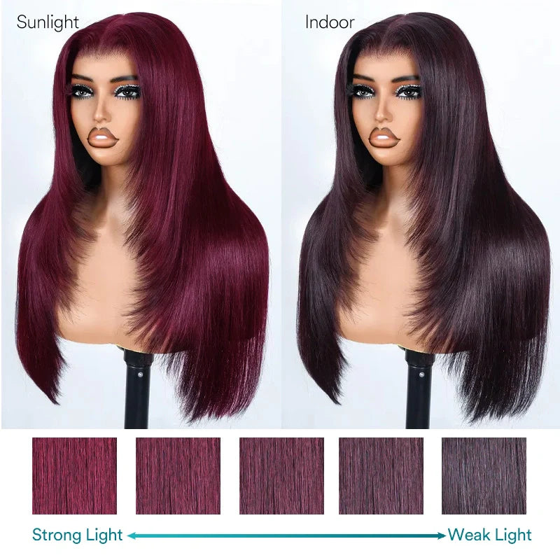 Salon Layered Cut Dark Plum Straight Wig Pull Go 13x4 Lace Tiny Knots Glueless Wig Siuts All Heads