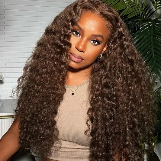 360 Lace Frontal 4# Chocolate Brown Wig Deep Wave Human Hair Wigs Transparent Lace Straight Wig