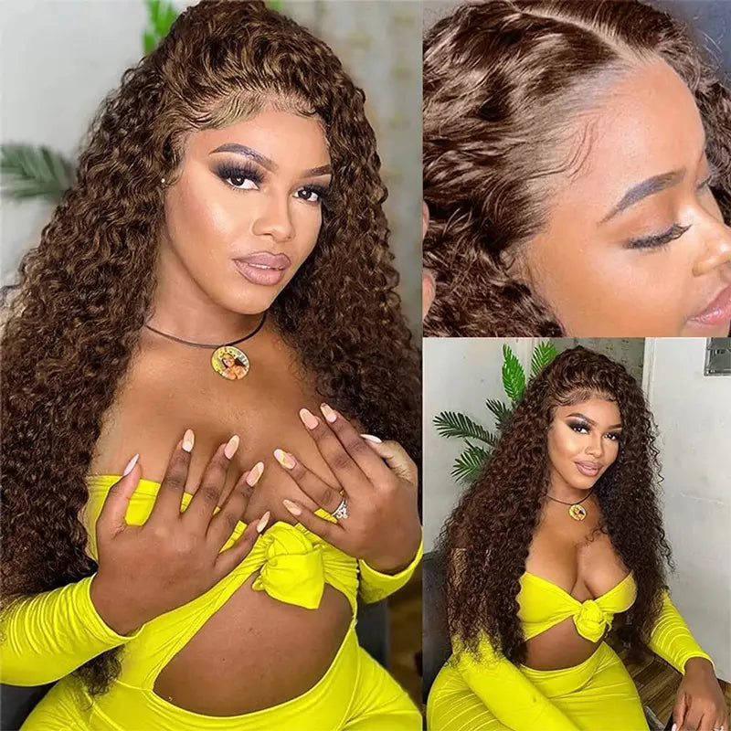 360 Lace Frontal 4# Chocolate Brown Wig Deep Wave Human Hair Wigs Transparent Lace Straight Wig