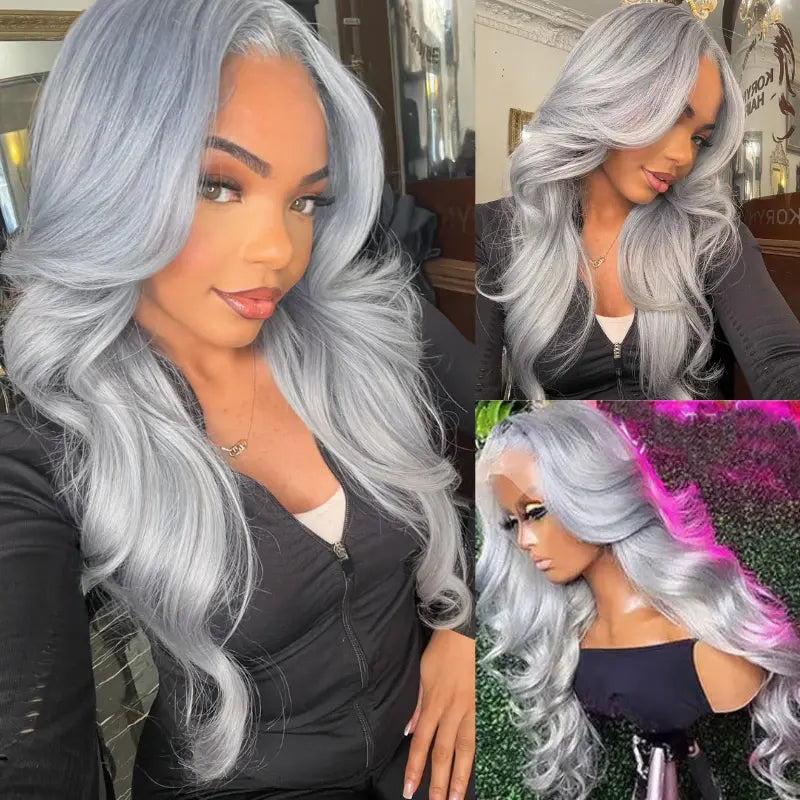 Grey Lace Front Wig Transparent Lace Body Wave Wig Ashimary Human Hair