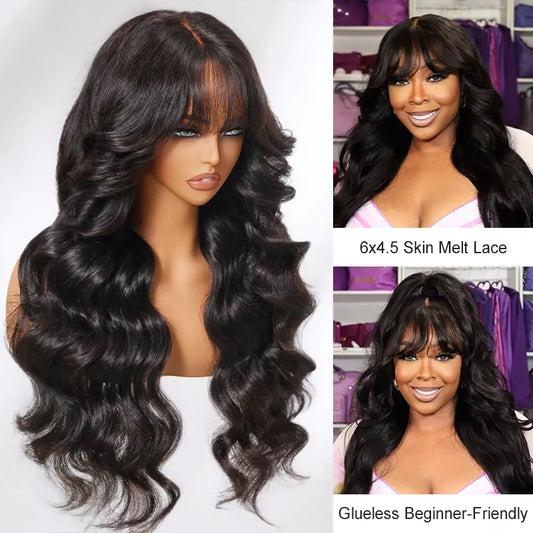Body Wave with Bangs 6x4.5 Lace Closure Wig Glueless Human Hair Face-Framing Natural Look