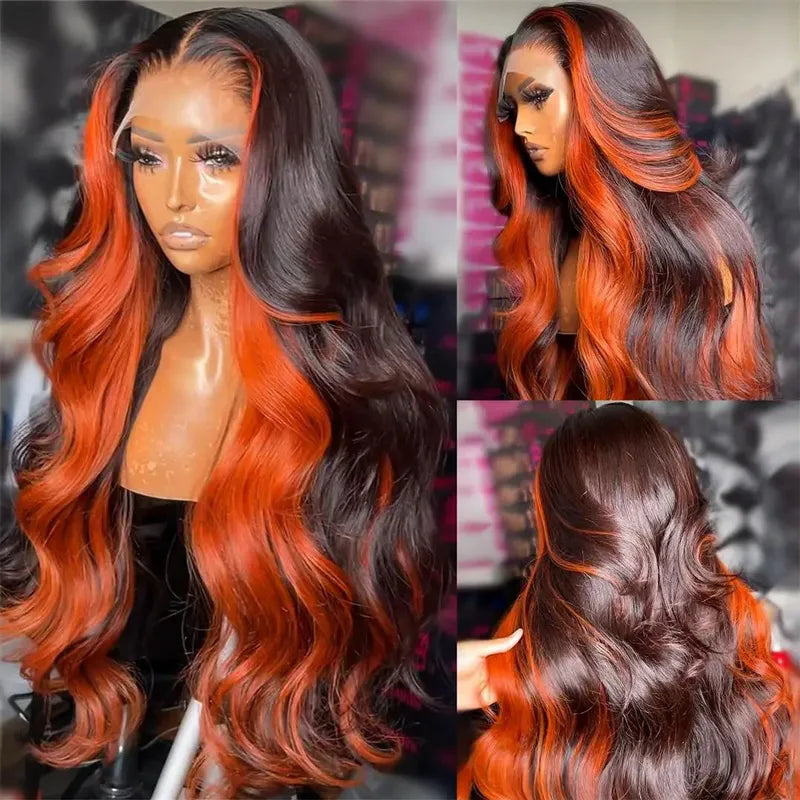 Ginger Orange Highlight Skunk Stripe on Chocolate Brown Hair 13x4 13x6 Ombre Lace Front Wigs