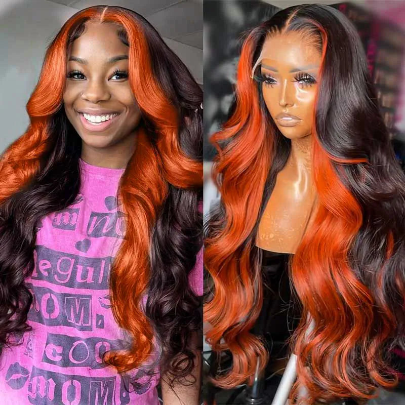 Ginger Orange Highlight Skunk Stripe on Chocolate Brown Hair 13x4 13x6 Ombre Lace Front Wigs