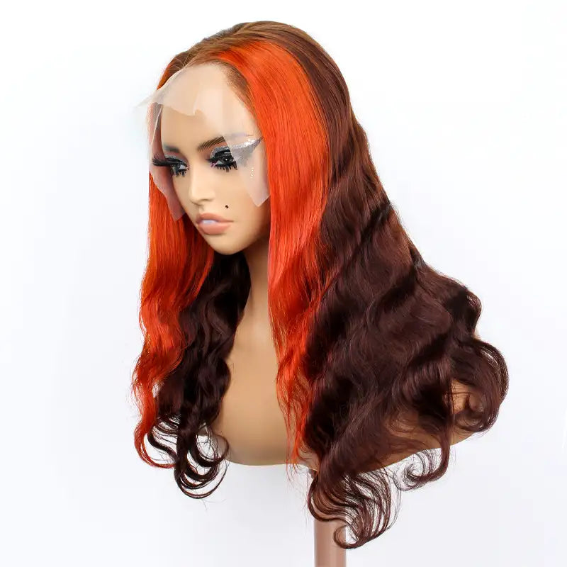 Ginger Orange Highlight Skunk Stripe on Chocolate Brown Hair 13x4 13x6 Ombre Lace Front Wigs