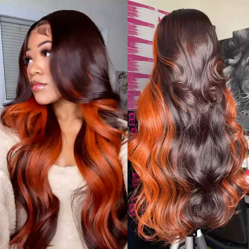 Ginger Orange Highlight Skunk Stripe on Chocolate Brown Hair 13x4 13x6 Ombre Lace Front Wigs