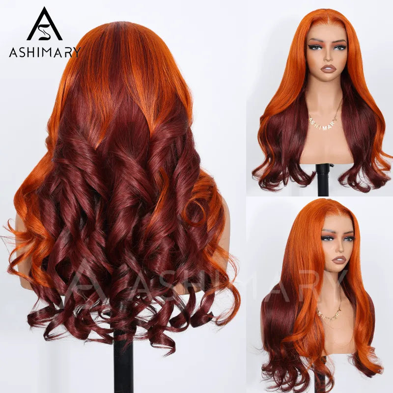 Ginger Burgundy Ombre Body Wave 6x4.5 Transparent Skin Lace Glueless Human Hair Wig