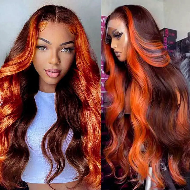 Ginger Orange Highlight Skunk Stripe on Chocolate Brown Hair 13x4 13x6 Ombre Lace Front Wigs