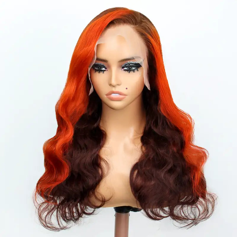 Ginger Orange Highlight Skunk Stripe on Chocolate Brown Hair 13x4 13x6 Ombre Lace Front Wigs