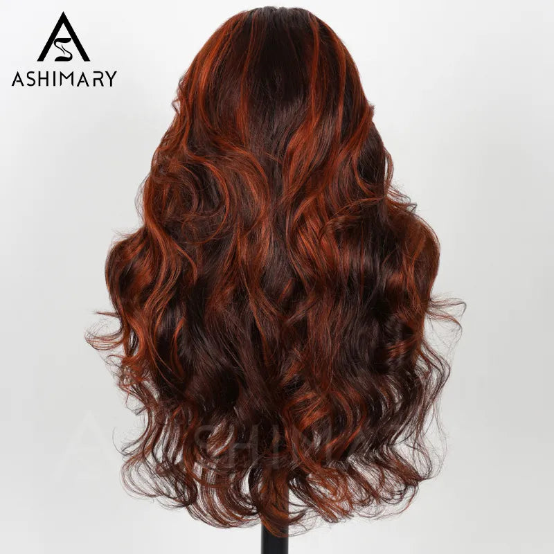Salon Layer Cut Ginger Highlights On Brown Hair 360 Lace Frontal Invisi Strap Skin Lace Drawstring Snug Fit Body Wave Human Hair Wig