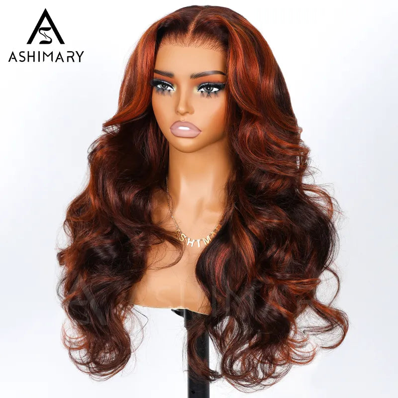 Salon Layer Cut Ginger Highlights On Brown Hair 360 Lace Frontal Invisi Strap Skin Lace Drawstring Snug Fit Body Wave Human Hair Wig