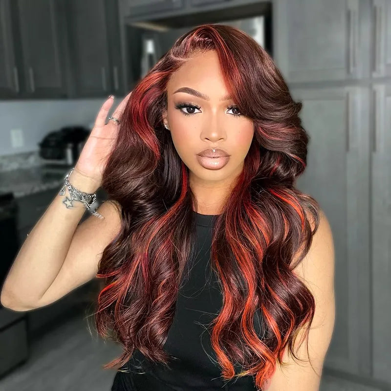Salon Layer Cut Ginger Highlights On Brown Hair 360 Lace Frontal Invisi Strap Skin Lace Drawstring Snug Fit Body Wave Human Hair Wig