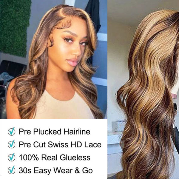 Ready to Wear Highlight Body Wave Glueless 13x4 HD Lace Wig with Pre Cut Lace & Bleached Knots